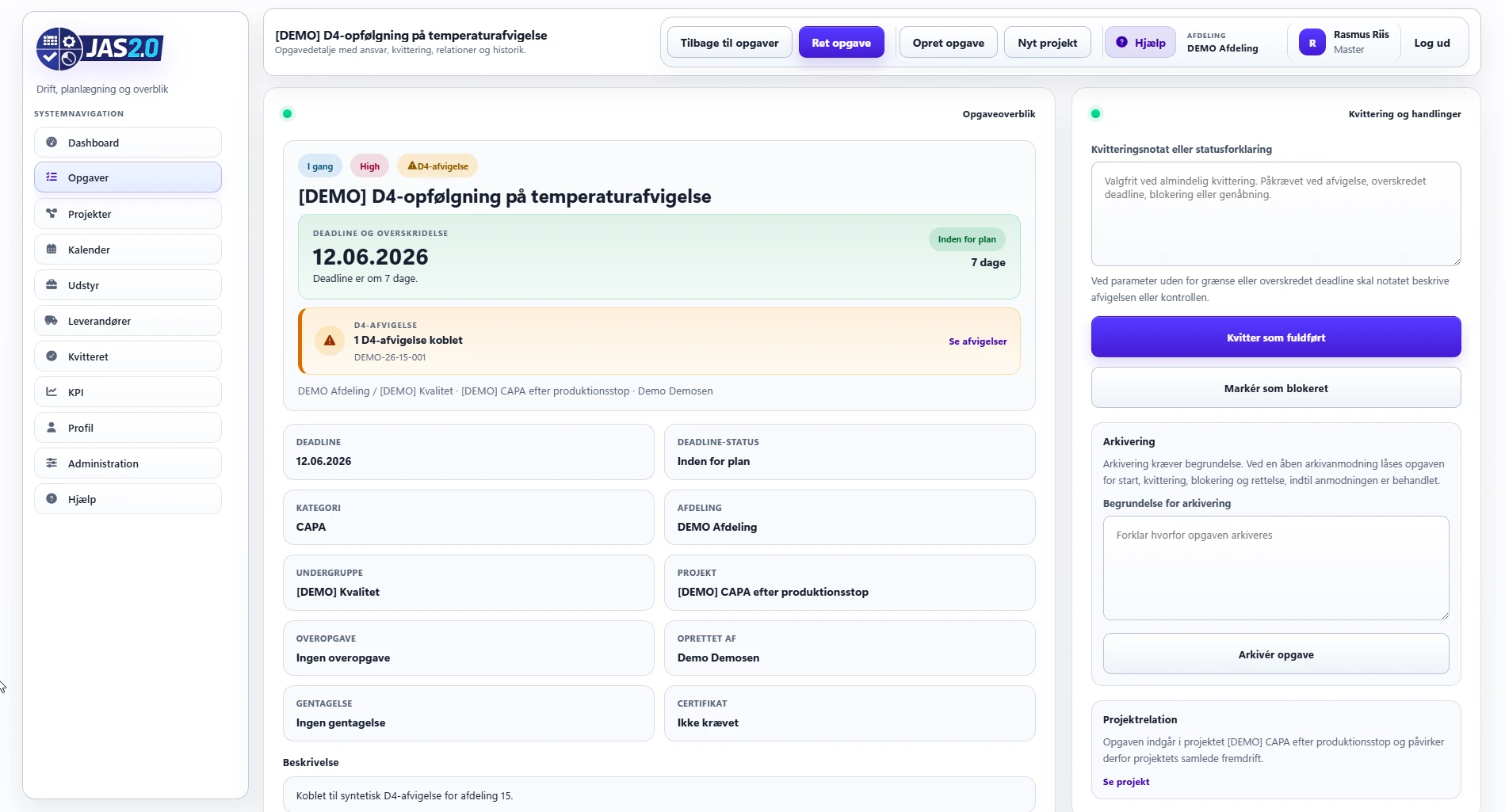 Skærmbillede af opgaver, ansvar og deadlines i JAS2.0